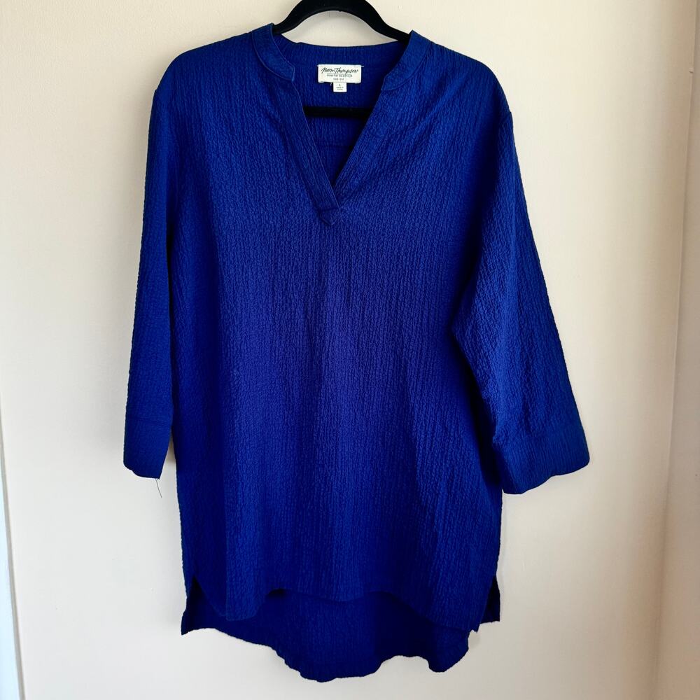 Vintage Norm Thompson Tunic Blouse Blue V-Neck Crinkle Crepe 3/4 Sleeve Sz L